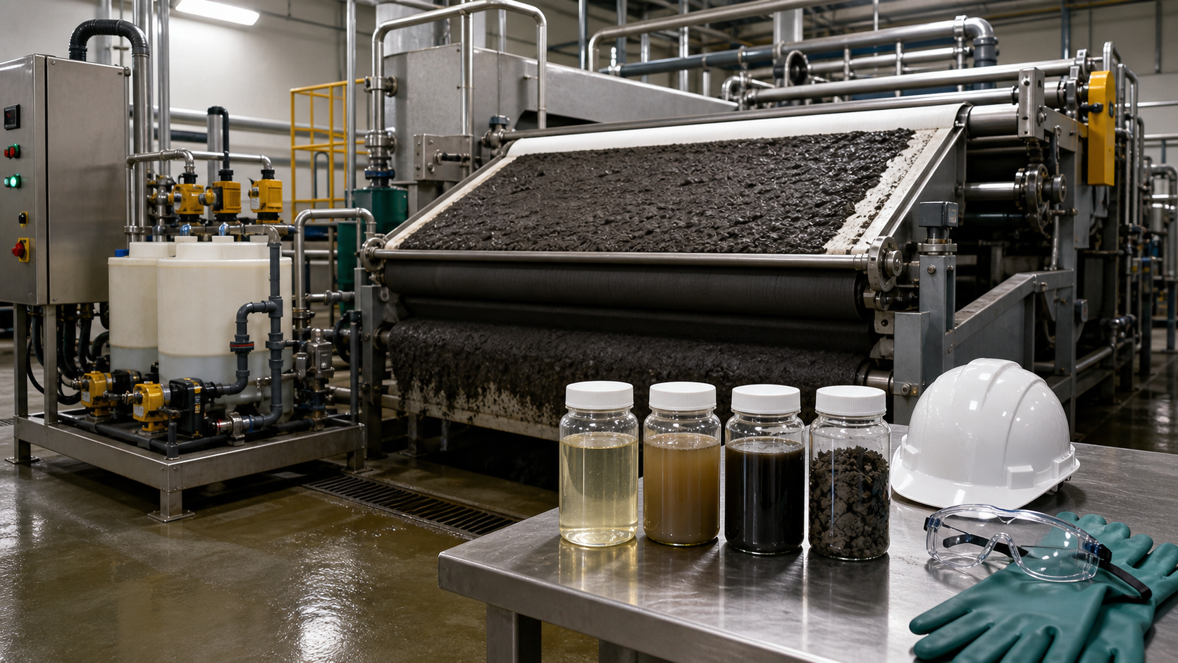 Sewage sludge dewatering room with polymer dosing system and sample jars